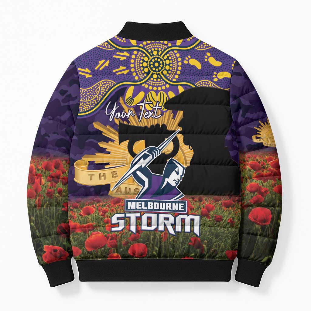 Personalised Melbourne Storm Rugby ANZAC Day Bomber Puffer Jacket Last Post Poppy We Will Remember Them