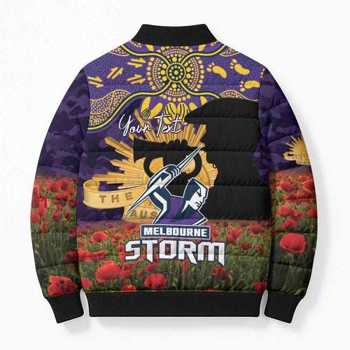 Personalised Melbourne Storm Rugby ANZAC Day Bomber Puffer Jacket Last Post Poppy We Will Remember Them