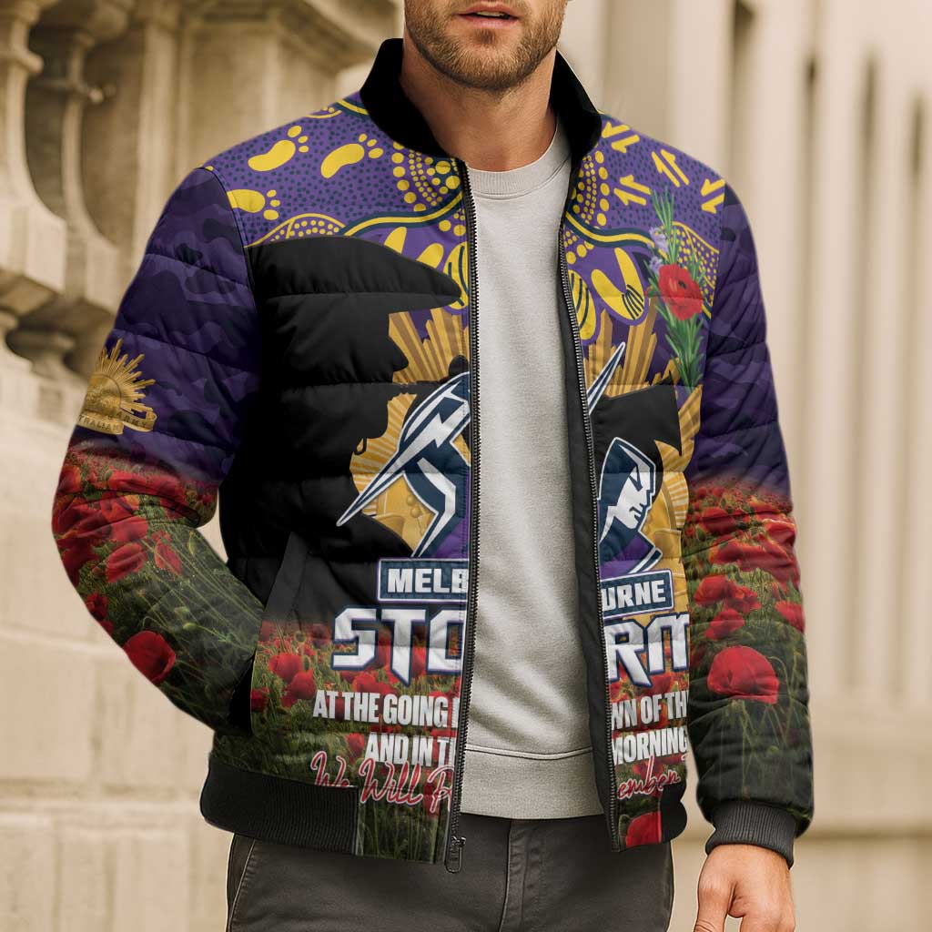 Personalised Melbourne Storm Rugby ANZAC Day Bomber Puffer Jacket Last Post Poppy We Will Remember Them