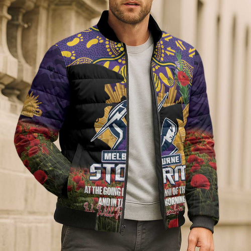Personalised Melbourne Storm Rugby ANZAC Day Bomber Puffer Jacket Last Post Poppy We Will Remember Them