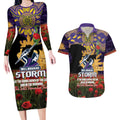 Personalised Melbourne Storm Rugby ANZAC Day Couples Matching Long Sleeve Bodycon Dress and Hawaiian Shirt Last Post Poppy We Will Remember Them