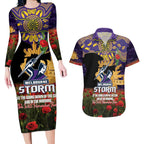 Personalised Melbourne Storm Rugby ANZAC Day Couples Matching Long Sleeve Bodycon Dress and Hawaiian Shirt Last Post Poppy We Will Remember Them