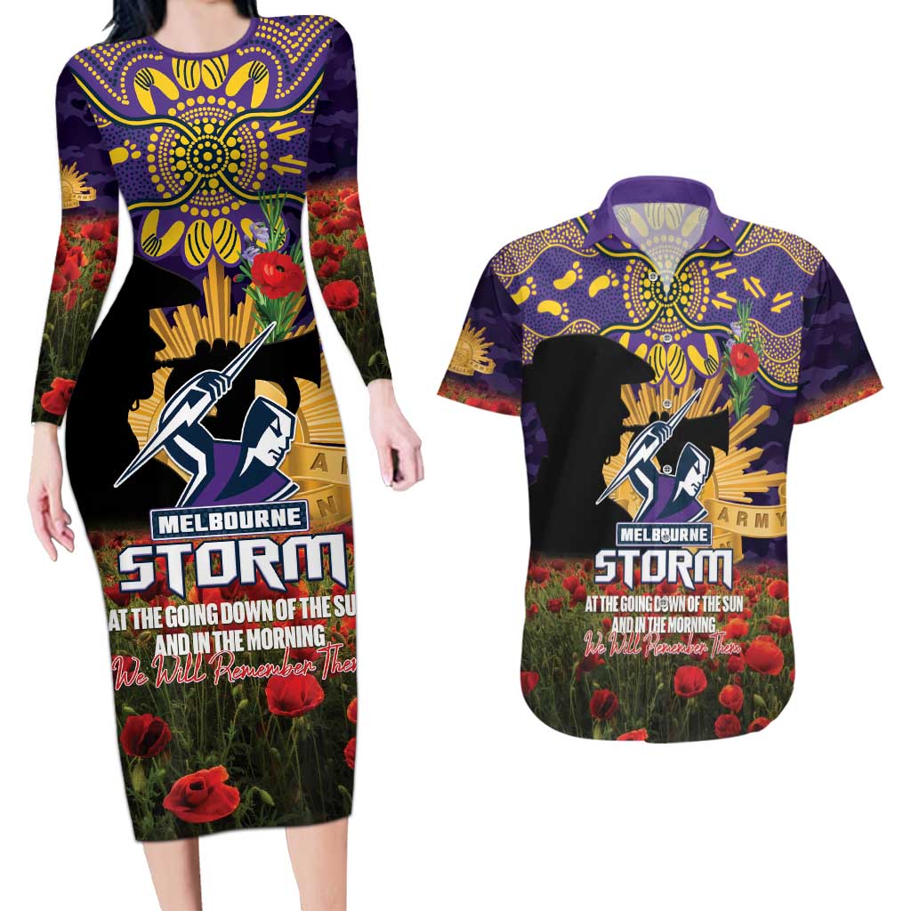 Personalised Melbourne Storm Rugby ANZAC Day Couples Matching Long Sleeve Bodycon Dress and Hawaiian Shirt Last Post Poppy We Will Remember Them