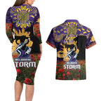 Personalised Melbourne Storm Rugby ANZAC Day Couples Matching Long Sleeve Bodycon Dress and Hawaiian Shirt Last Post Poppy We Will Remember Them