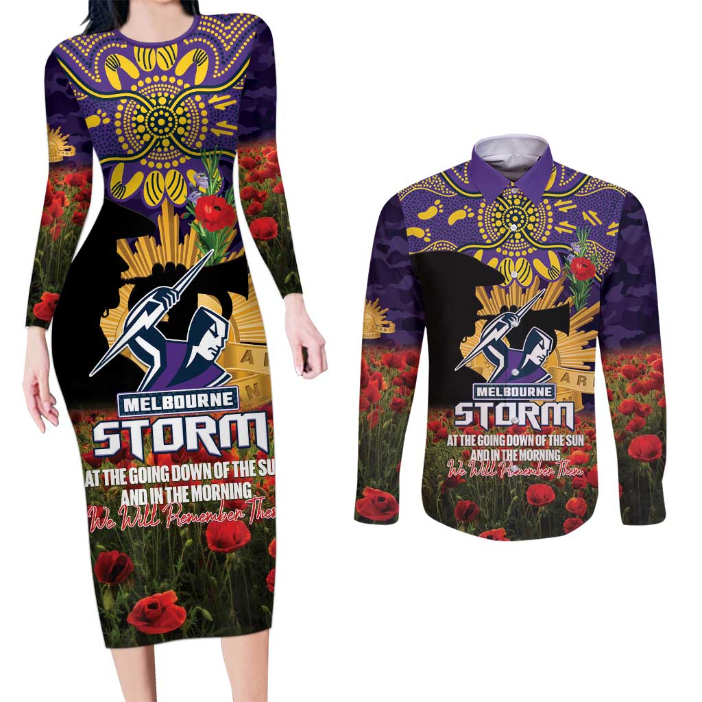 Personalised Melbourne Storm Rugby ANZAC Day Couples Matching Long Sleeve Bodycon Dress and Long Sleeve Button Shirt Last Post Poppy We Will Remember Them