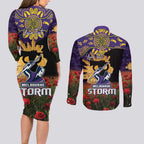 Personalised Melbourne Storm Rugby ANZAC Day Couples Matching Long Sleeve Bodycon Dress and Long Sleeve Button Shirt Last Post Poppy We Will Remember Them