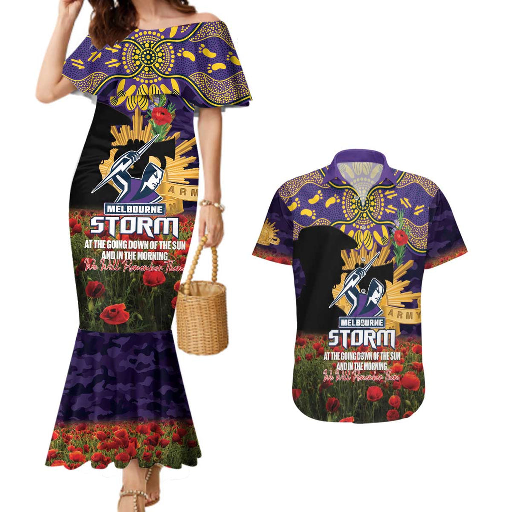 Personalised Melbourne Storm Rugby ANZAC Day Couples Matching Mermaid Dress and Hawaiian Shirt Last Post Poppy We Will Remember Them