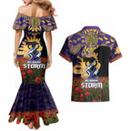 Personalised Melbourne Storm Rugby ANZAC Day Couples Matching Mermaid Dress and Hawaiian Shirt Last Post Poppy We Will Remember Them