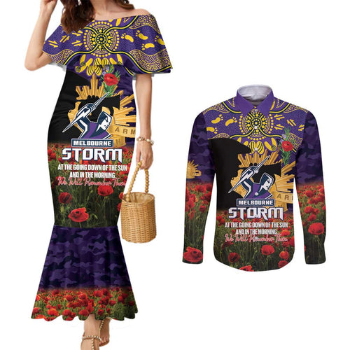 Personalised Melbourne Storm Rugby ANZAC Day Couples Matching Mermaid Dress and Long Sleeve Button Shirt Last Post Poppy We Will Remember Them