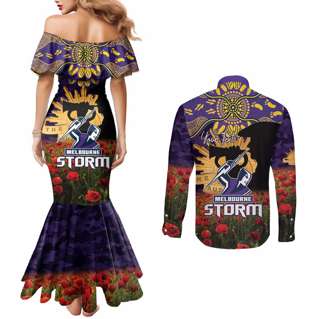 Personalised Melbourne Storm Rugby ANZAC Day Couples Matching Mermaid Dress and Long Sleeve Button Shirt Last Post Poppy We Will Remember Them