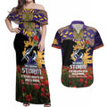 Personalised Melbourne Storm Rugby ANZAC Day Couples Matching Off Shoulder Maxi Dress and Hawaiian Shirt Last Post Poppy We Will Remember Them