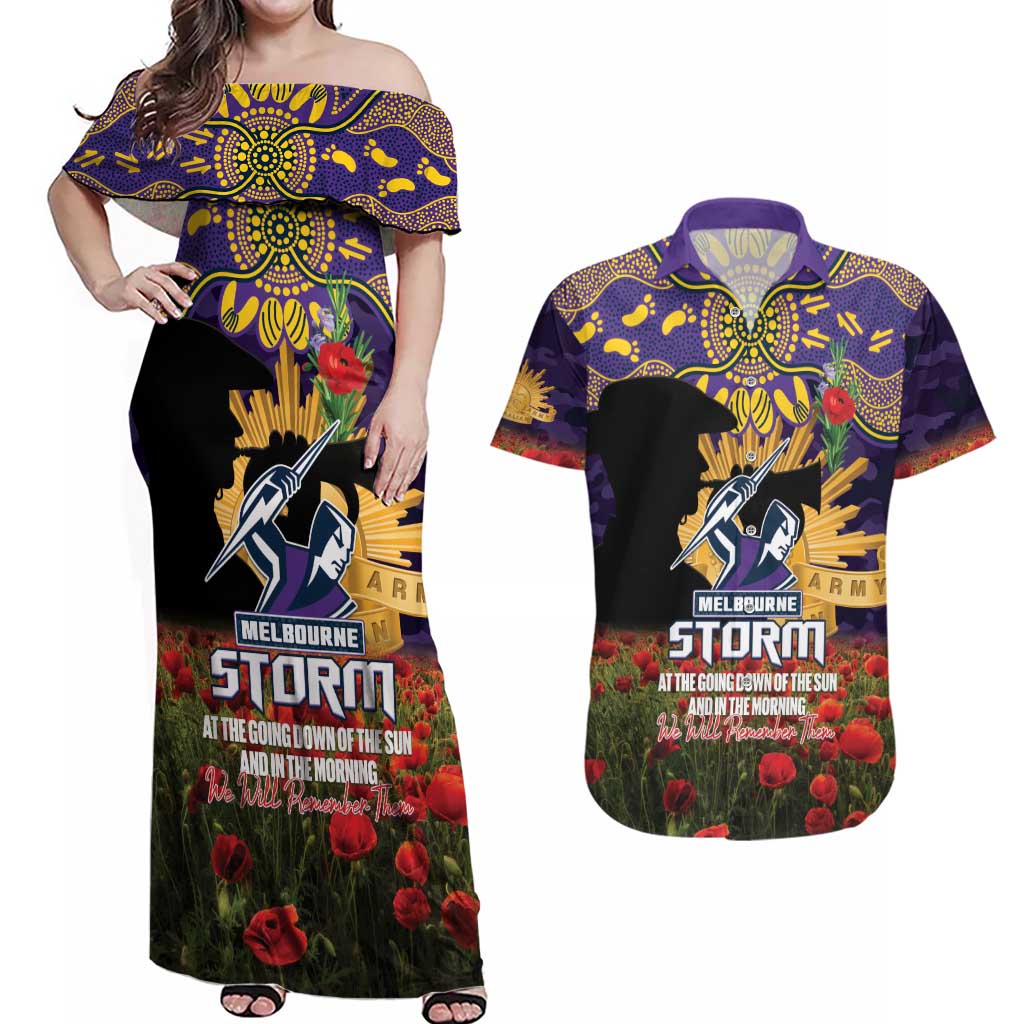 Personalised Melbourne Storm Rugby ANZAC Day Couples Matching Off Shoulder Maxi Dress and Hawaiian Shirt Last Post Poppy We Will Remember Them