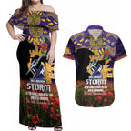 Personalised Melbourne Storm Rugby ANZAC Day Couples Matching Off Shoulder Maxi Dress and Hawaiian Shirt Last Post Poppy We Will Remember Them