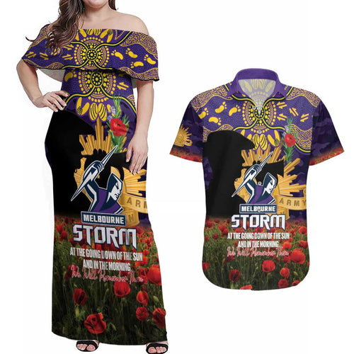 Personalised Melbourne Storm Rugby ANZAC Day Couples Matching Off Shoulder Maxi Dress and Hawaiian Shirt Last Post Poppy We Will Remember Them