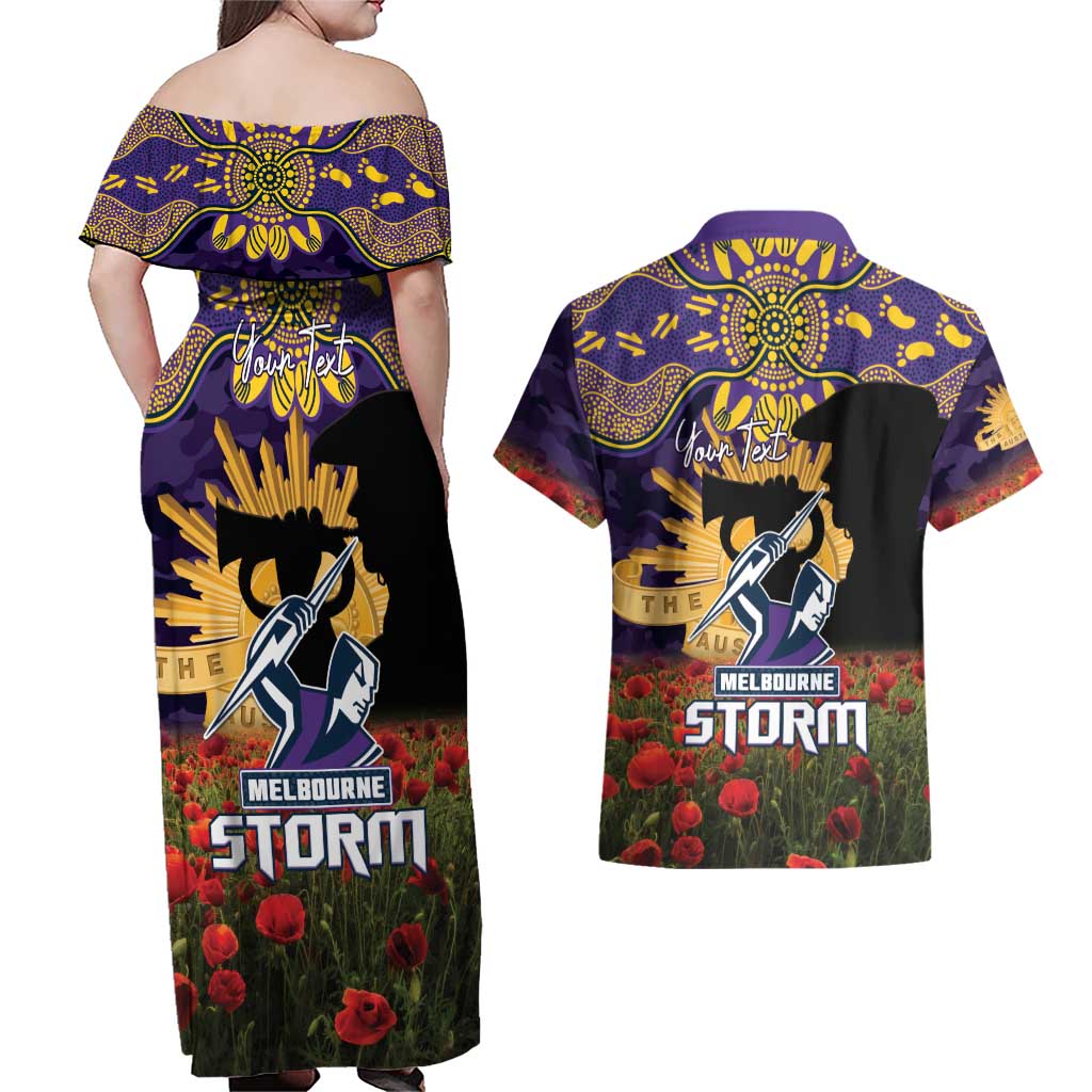 Personalised Melbourne Storm Rugby ANZAC Day Couples Matching Off Shoulder Maxi Dress and Hawaiian Shirt Last Post Poppy We Will Remember Them