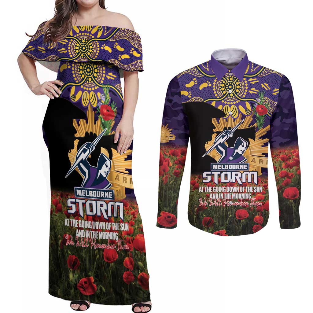 Personalised Melbourne Storm Rugby ANZAC Day Couples Matching Off Shoulder Maxi Dress and Long Sleeve Button Shirt Last Post Poppy We Will Remember Them