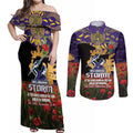 Personalised Melbourne Storm Rugby ANZAC Day Couples Matching Off Shoulder Maxi Dress and Long Sleeve Button Shirt Last Post Poppy We Will Remember Them