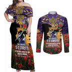 Personalised Melbourne Storm Rugby ANZAC Day Couples Matching Off Shoulder Maxi Dress and Long Sleeve Button Shirt Last Post Poppy We Will Remember Them