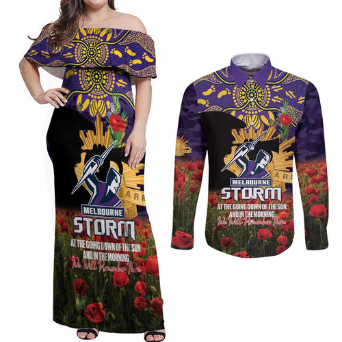 Personalised Melbourne Storm Rugby ANZAC Day Couples Matching Off Shoulder Maxi Dress and Long Sleeve Button Shirt Last Post Poppy We Will Remember Them