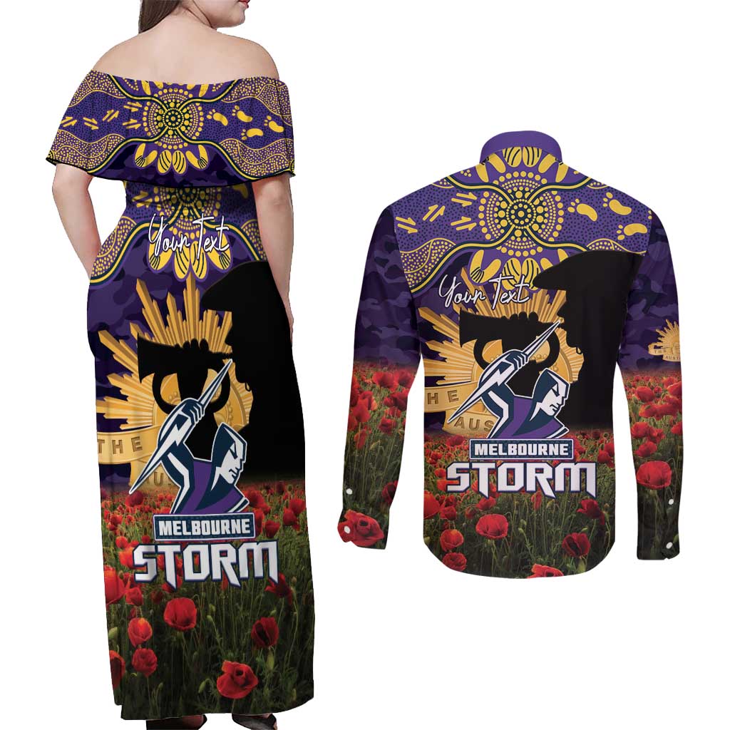 Personalised Melbourne Storm Rugby ANZAC Day Couples Matching Off Shoulder Maxi Dress and Long Sleeve Button Shirt Last Post Poppy We Will Remember Them