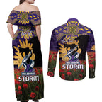 Personalised Melbourne Storm Rugby ANZAC Day Couples Matching Off Shoulder Maxi Dress and Long Sleeve Button Shirt Last Post Poppy We Will Remember Them