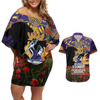 Personalised Melbourne Storm Rugby ANZAC Day Couples Matching Off Shoulder Short Dress and Hawaiian Shirt Last Post Poppy We Will Remember Them