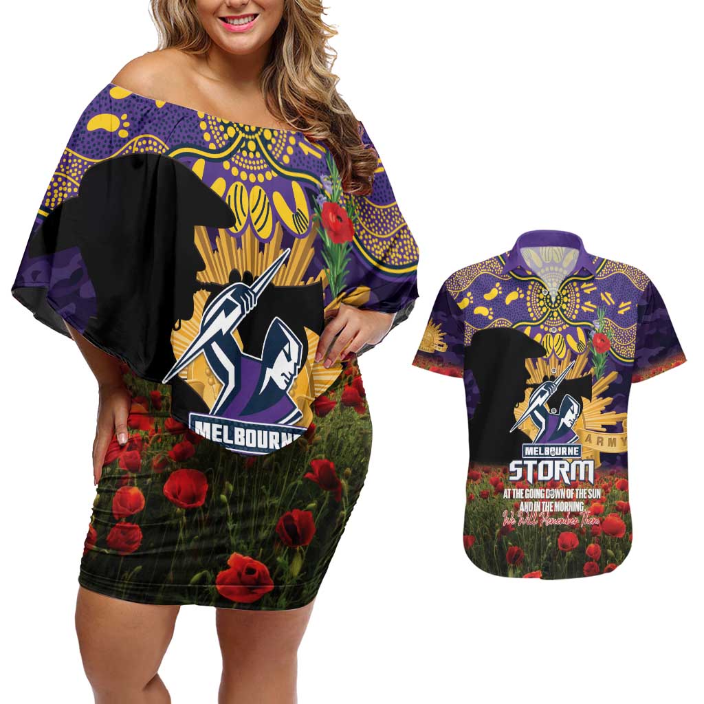Personalised Melbourne Storm Rugby ANZAC Day Couples Matching Off Shoulder Short Dress and Hawaiian Shirt Last Post Poppy We Will Remember Them