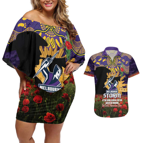 Personalised Melbourne Storm Rugby ANZAC Day Couples Matching Off Shoulder Short Dress and Hawaiian Shirt Last Post Poppy We Will Remember Them