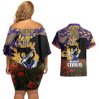 Personalised Melbourne Storm Rugby ANZAC Day Couples Matching Off Shoulder Short Dress and Hawaiian Shirt Last Post Poppy We Will Remember Them