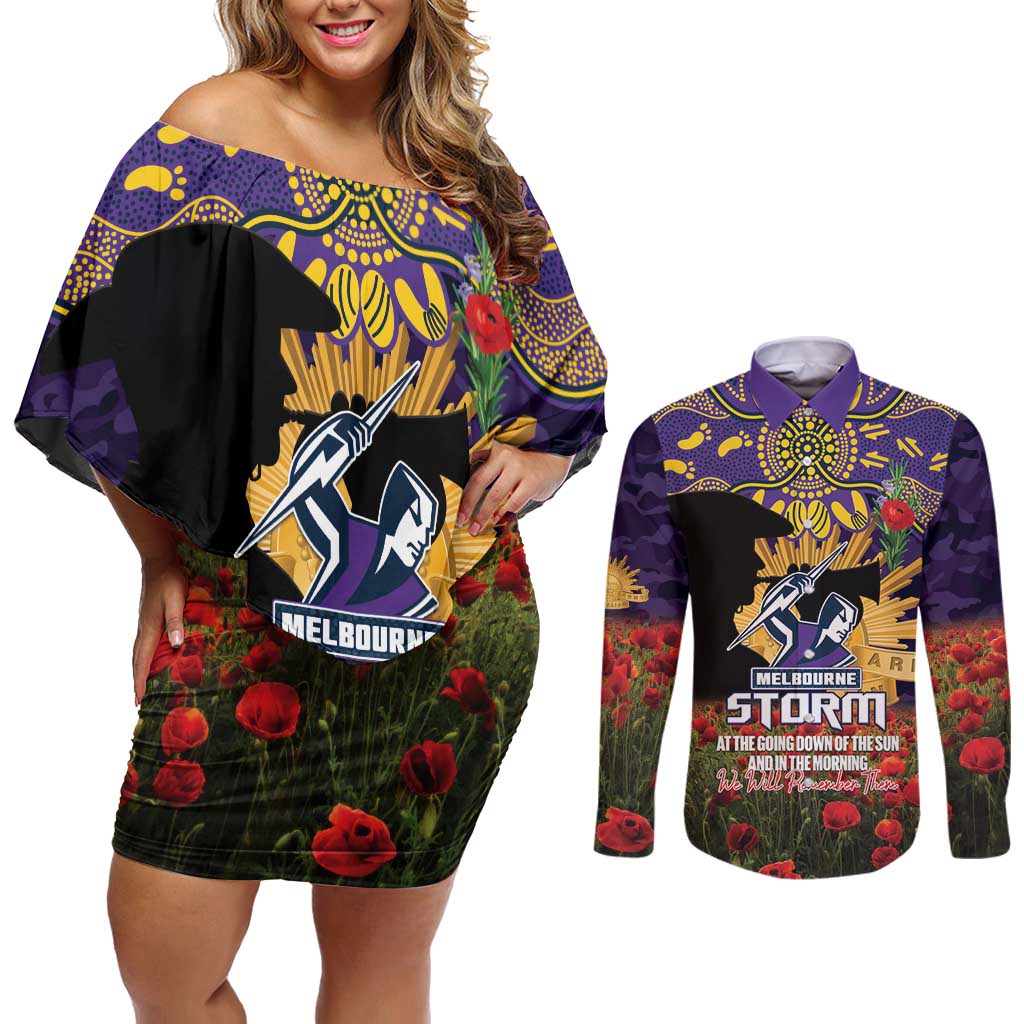 Personalised Melbourne Storm Rugby ANZAC Day Couples Matching Off Shoulder Short Dress and Long Sleeve Button Shirt Last Post Poppy We Will Remember Them
