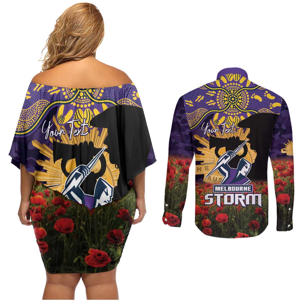 Personalised Melbourne Storm Rugby ANZAC Day Couples Matching Off Shoulder Short Dress and Long Sleeve Button Shirt Last Post Poppy We Will Remember Them