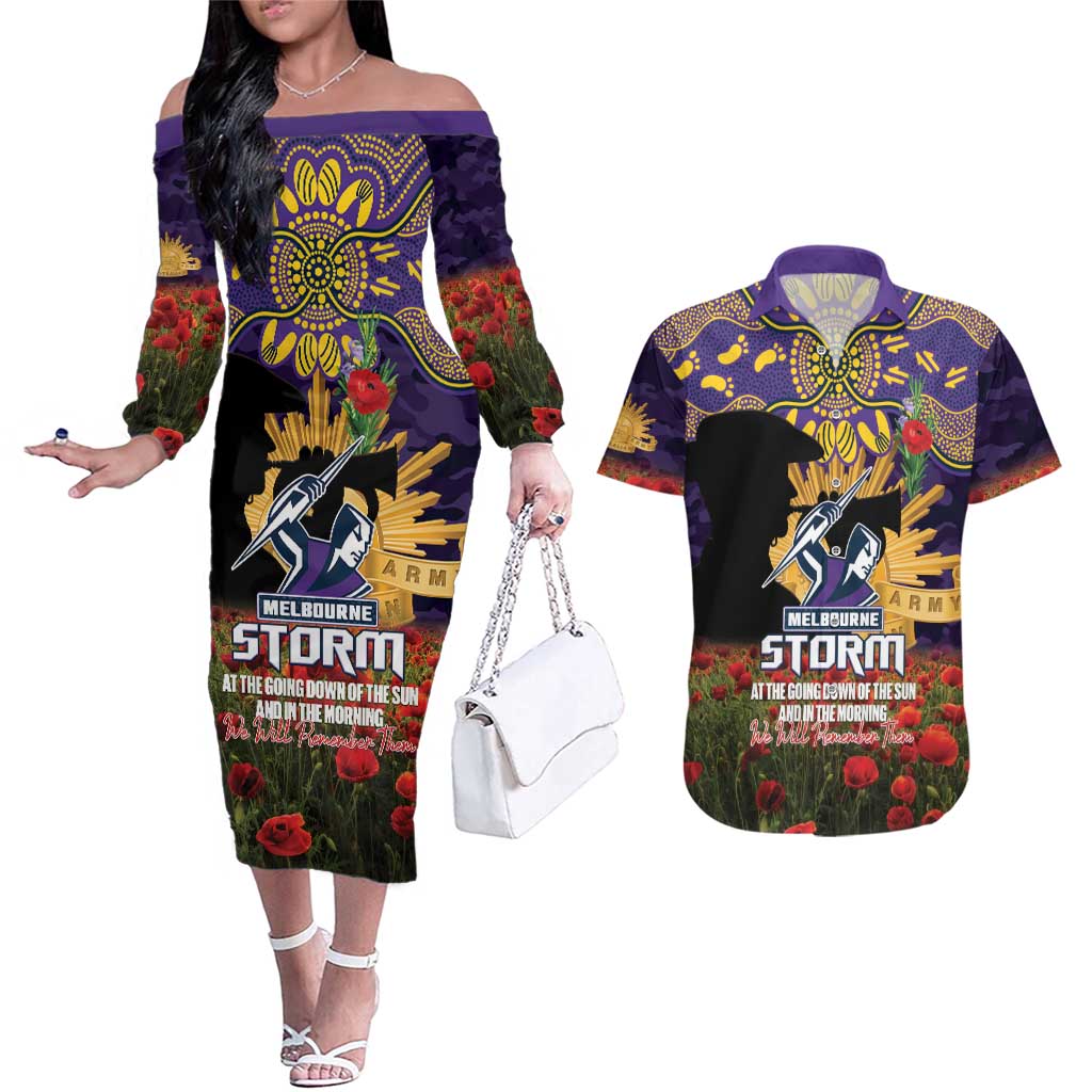 Personalised Melbourne Storm Rugby ANZAC Day Couples Matching Off The Shoulder Long Sleeve Dress and Hawaiian Shirt Last Post Poppy We Will Remember Them