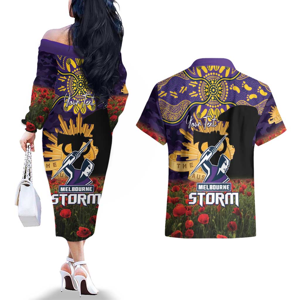 Personalised Melbourne Storm Rugby ANZAC Day Couples Matching Off The Shoulder Long Sleeve Dress and Hawaiian Shirt Last Post Poppy We Will Remember Them