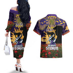 Personalised Melbourne Storm Rugby ANZAC Day Couples Matching Off The Shoulder Long Sleeve Dress and Hawaiian Shirt Last Post Poppy We Will Remember Them
