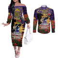 Personalised Melbourne Storm Rugby ANZAC Day Couples Matching Off The Shoulder Long Sleeve Dress and Long Sleeve Button Shirt Last Post Poppy We Will Remember Them