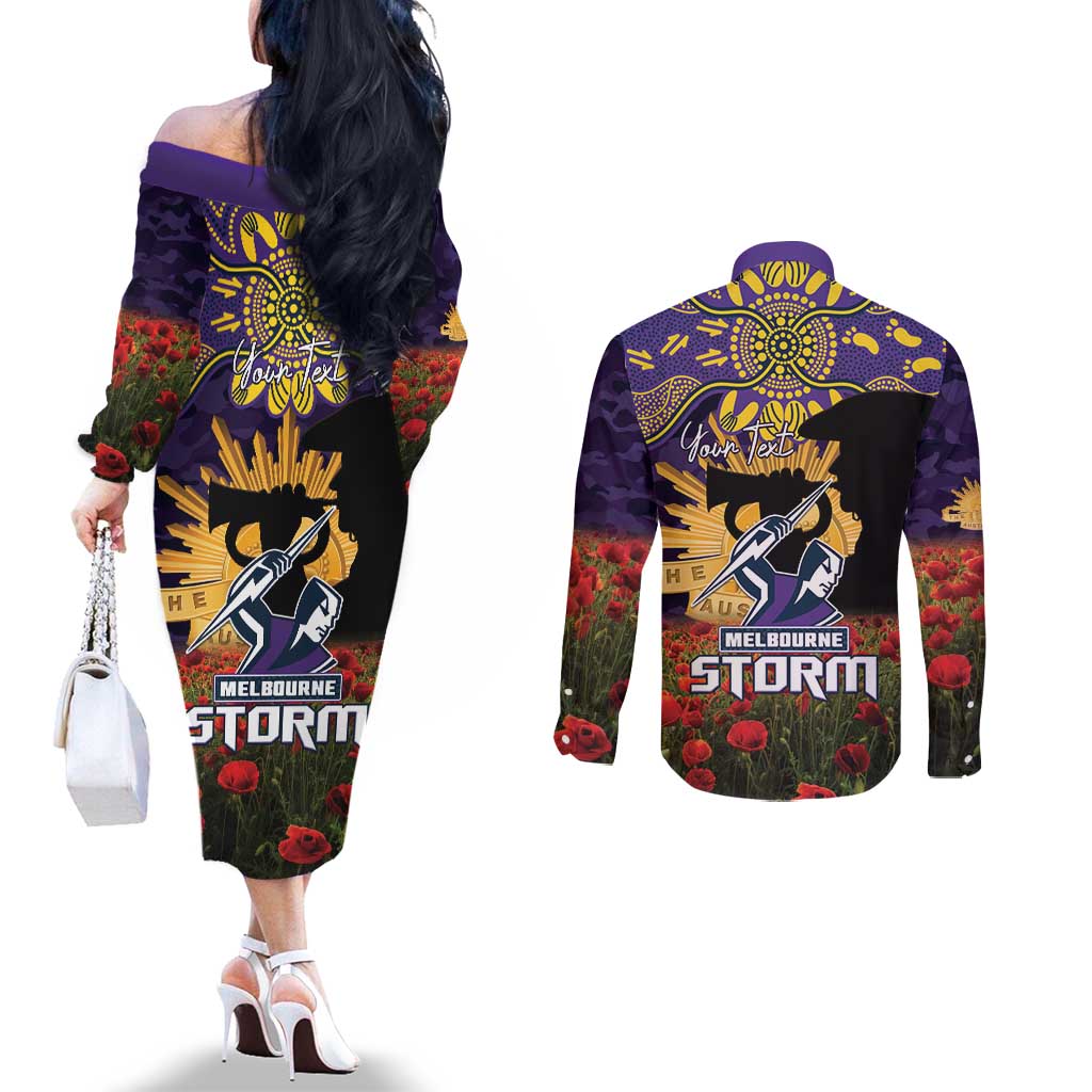 Personalised Melbourne Storm Rugby ANZAC Day Couples Matching Off The Shoulder Long Sleeve Dress and Long Sleeve Button Shirt Last Post Poppy We Will Remember Them