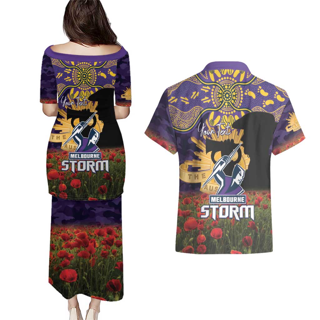 Personalised Melbourne Storm Rugby ANZAC Day Couples Matching Puletasi and Hawaiian Shirt Last Post Poppy We Will Remember Them