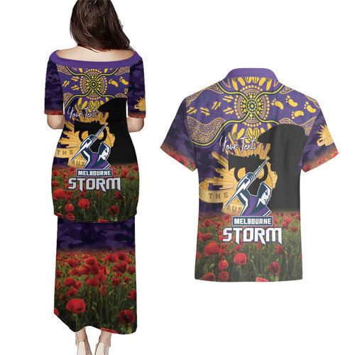 Personalised Melbourne Storm Rugby ANZAC Day Couples Matching Puletasi and Hawaiian Shirt Last Post Poppy We Will Remember Them
