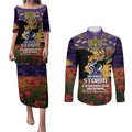 Personalised Melbourne Storm Rugby ANZAC Day Couples Matching Puletasi and Long Sleeve Button Shirt Last Post Poppy We Will Remember Them