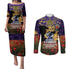 Personalised Melbourne Storm Rugby ANZAC Day Couples Matching Puletasi and Long Sleeve Button Shirt Last Post Poppy We Will Remember Them