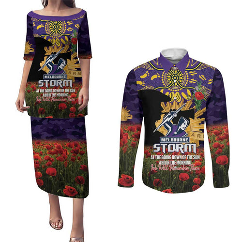 Personalised Melbourne Storm Rugby ANZAC Day Couples Matching Puletasi and Long Sleeve Button Shirt Last Post Poppy We Will Remember Them