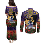 Personalised Melbourne Storm Rugby ANZAC Day Couples Matching Puletasi and Long Sleeve Button Shirt Last Post Poppy We Will Remember Them