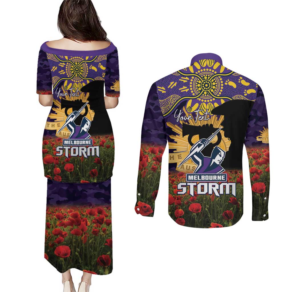 Personalised Melbourne Storm Rugby ANZAC Day Couples Matching Puletasi and Long Sleeve Button Shirt Last Post Poppy We Will Remember Them