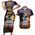 Personalised Melbourne Storm Rugby ANZAC Day Couples Matching Short Sleeve Bodycon Dress and Hawaiian Shirt Last Post Poppy We Will Remember Them
