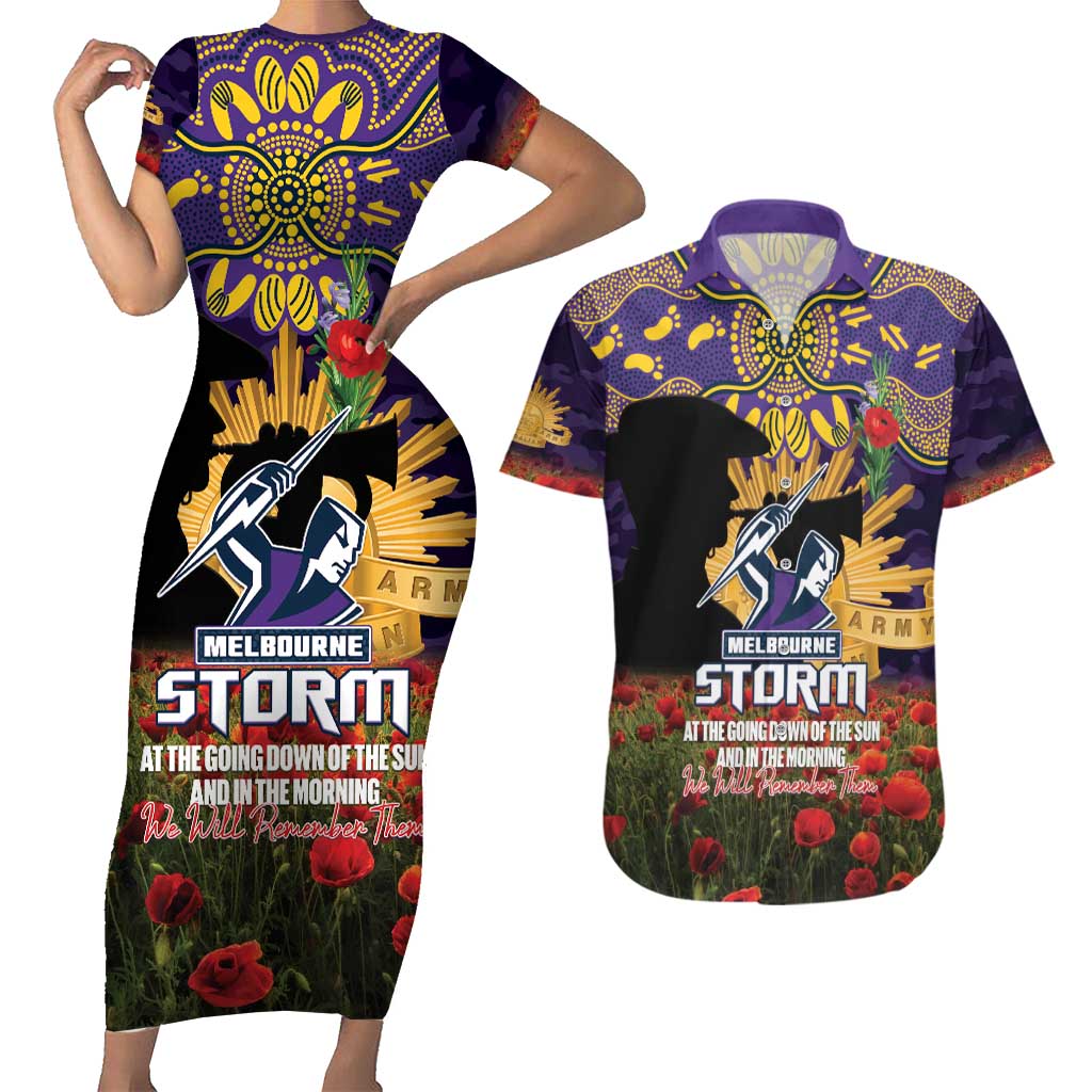 Personalised Melbourne Storm Rugby ANZAC Day Couples Matching Short Sleeve Bodycon Dress and Hawaiian Shirt Last Post Poppy We Will Remember Them