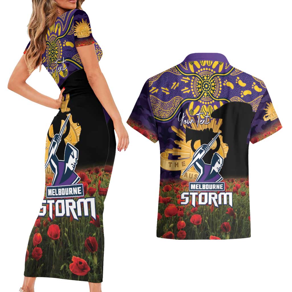 Personalised Melbourne Storm Rugby ANZAC Day Couples Matching Short Sleeve Bodycon Dress and Hawaiian Shirt Last Post Poppy We Will Remember Them