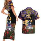 Personalised Melbourne Storm Rugby ANZAC Day Couples Matching Short Sleeve Bodycon Dress and Hawaiian Shirt Last Post Poppy We Will Remember Them