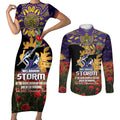 Personalised Melbourne Storm Rugby ANZAC Day Couples Matching Short Sleeve Bodycon Dress and Long Sleeve Button Shirt Last Post Poppy We Will Remember Them