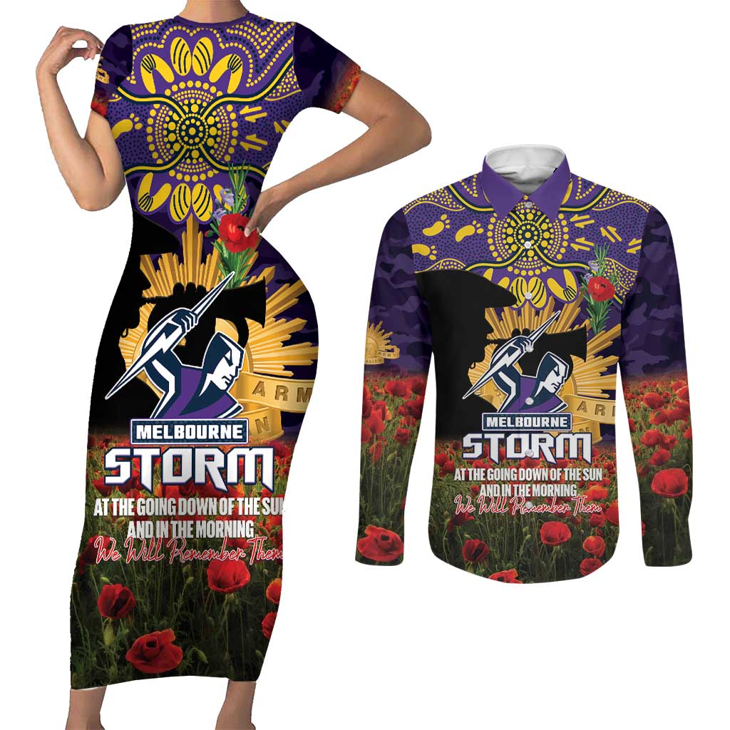 Personalised Melbourne Storm Rugby ANZAC Day Couples Matching Short Sleeve Bodycon Dress and Long Sleeve Button Shirt Last Post Poppy We Will Remember Them