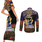 Personalised Melbourne Storm Rugby ANZAC Day Couples Matching Short Sleeve Bodycon Dress and Long Sleeve Button Shirt Last Post Poppy We Will Remember Them